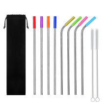 Customized set of 3 in flannelette bag 304 stainless steel washing wire brush silicone nozzle metal pipe-bending straight straw